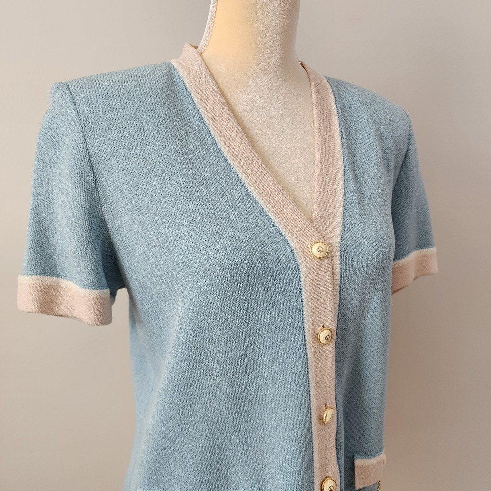 VTG ST. JOHN Marie Gray Size 6 Light Blue Santana Knit SS Jacket & Pencil Skirt - Picture 6 of 11